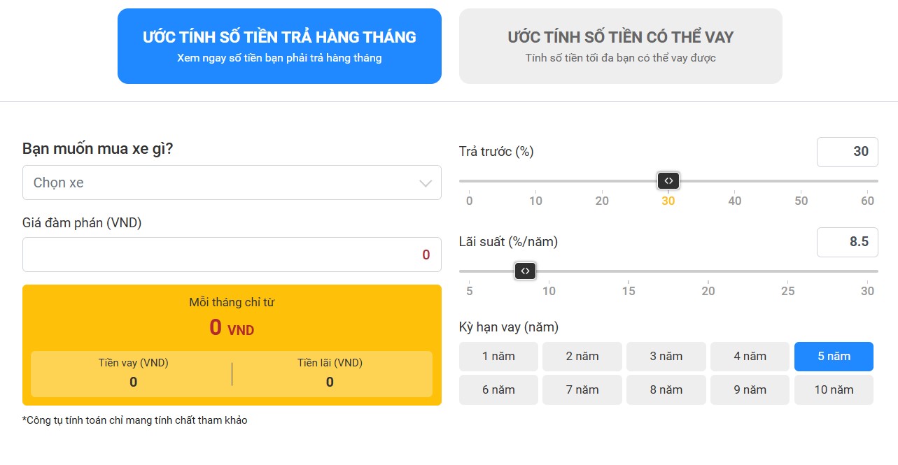 Tiện ích hỗ trợ tính toán khoản vay mua xe